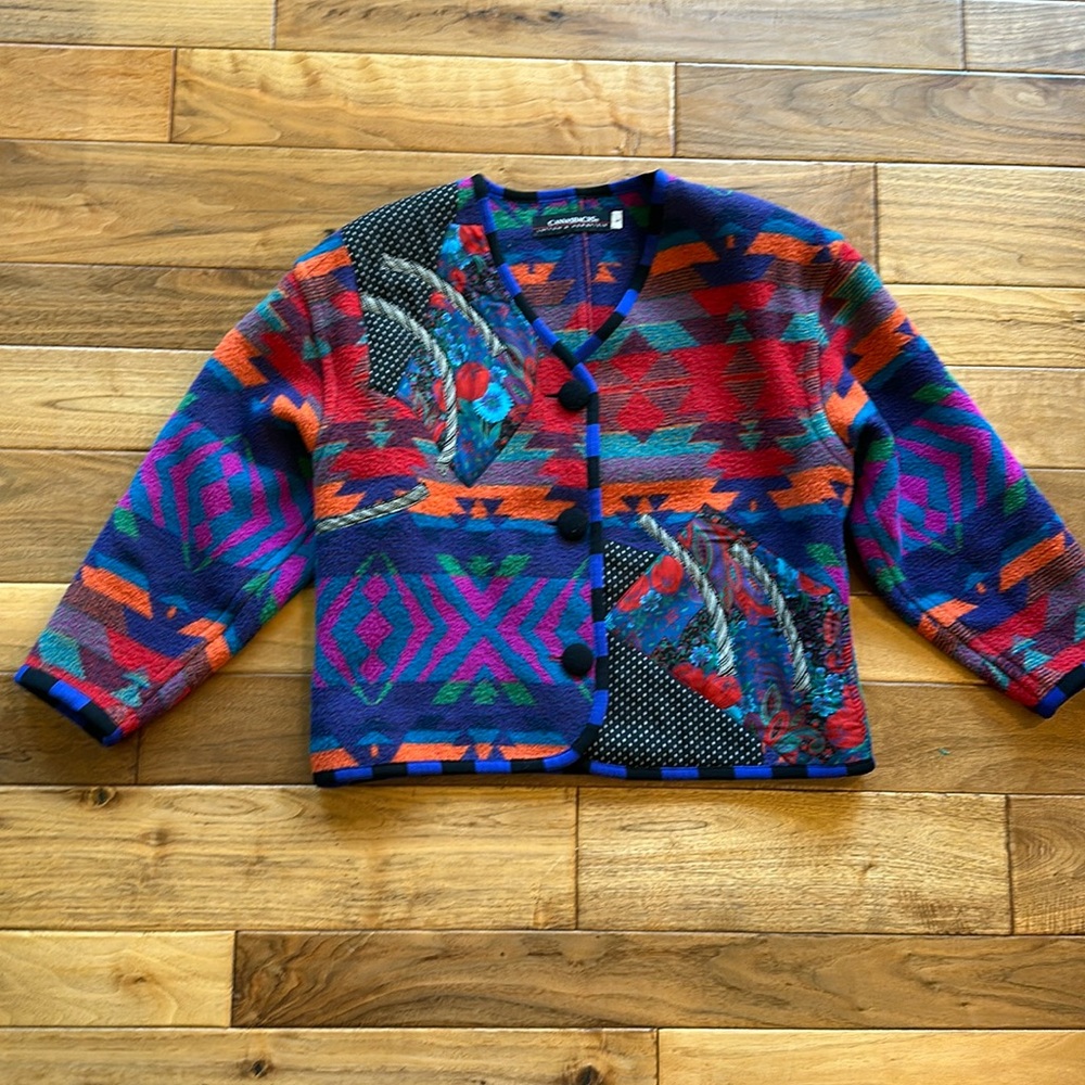 Vtg Canvasbacks Navajo Aztec patchwork blanket fleece jacket